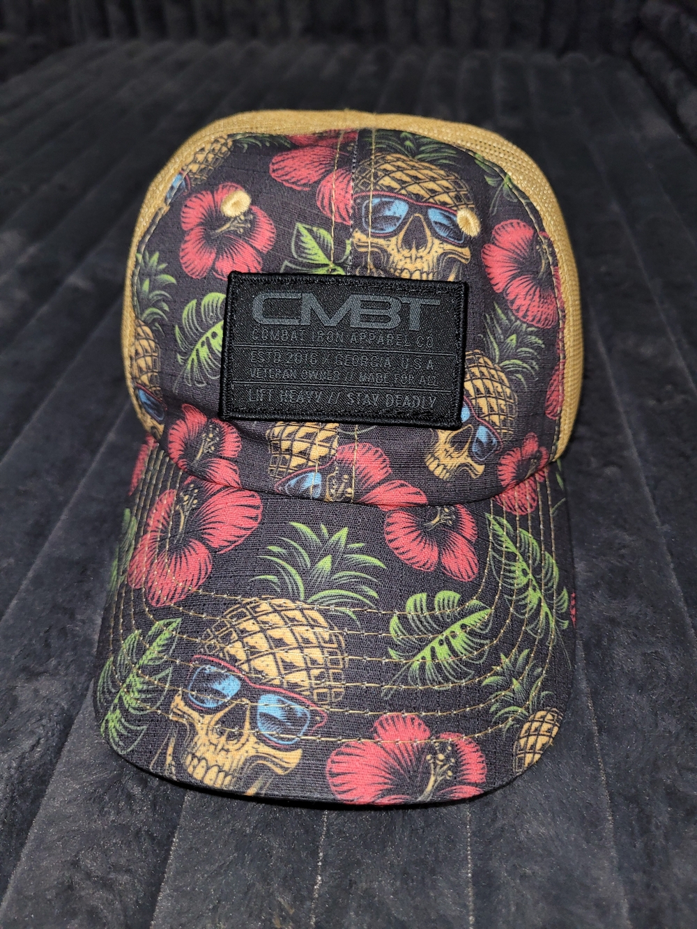CMBT Black Floral Pineapple Skull Trucker Hat with Gold Mesh